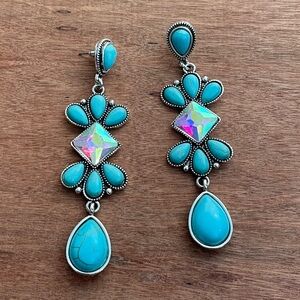 Faux Turquoise Cluster Dangle Earrings with Rhinestones